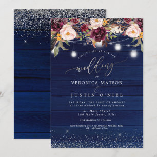 Mason Burk Rustic Wood Navy Blue+Burgundy Flowers Inbjudningar