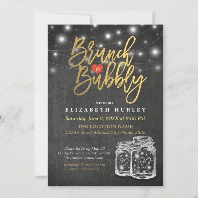 Mason Burk String Ljus Chalkboard Brunch & Bubly Inbjudningar (Framsida)