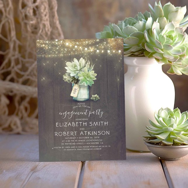 Mason Burk Succulents Rustic Förlovningsfest Inbjudningar (Succulents Greenery Mason Jar Engagement Party Invitations)