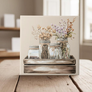 Mason burk, vilda blommor på åkerhytten låda i trä kakelplatta