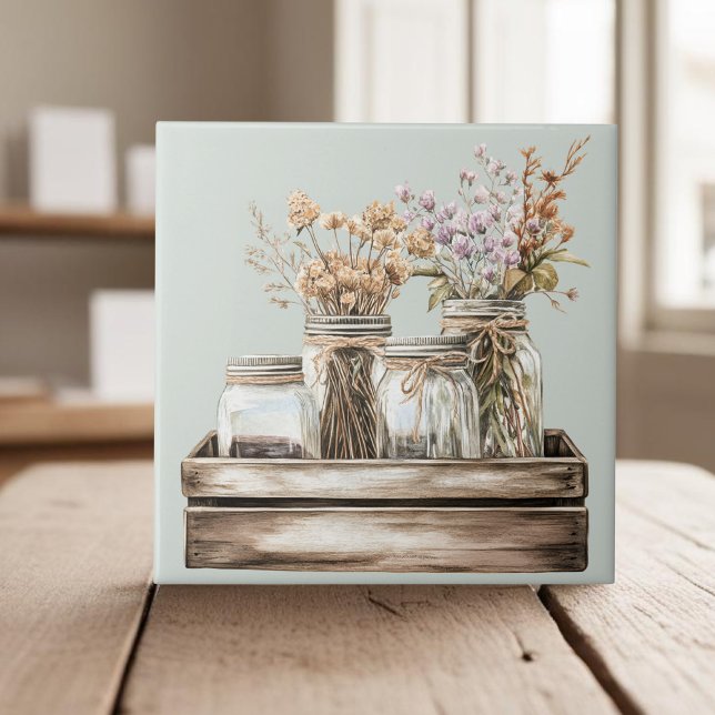 Mason burk, vilda blommor på åkerhytten låda i trä kakelplatta (Skapare uppladdad)