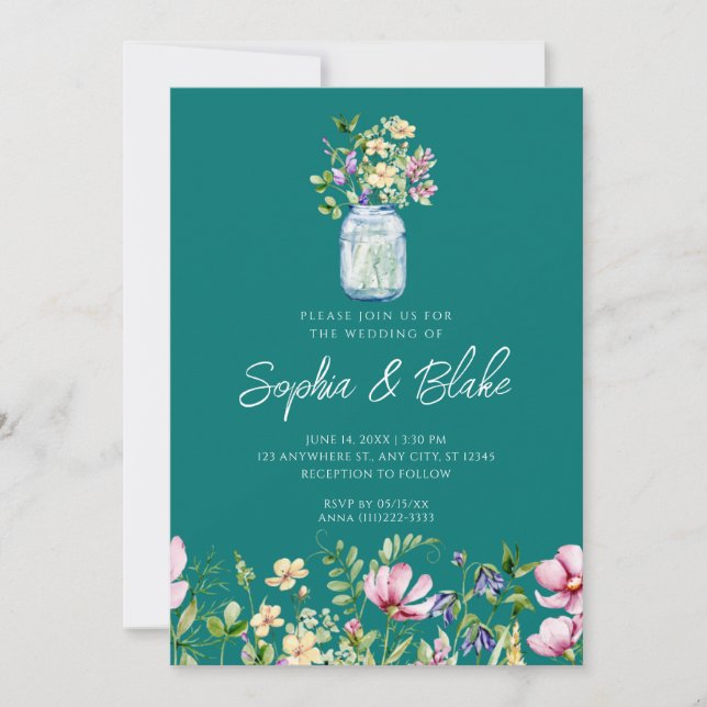 Mason Burk Wildblommor Rustic Land Grönt Bröllop Inbjudningar (Framsida)