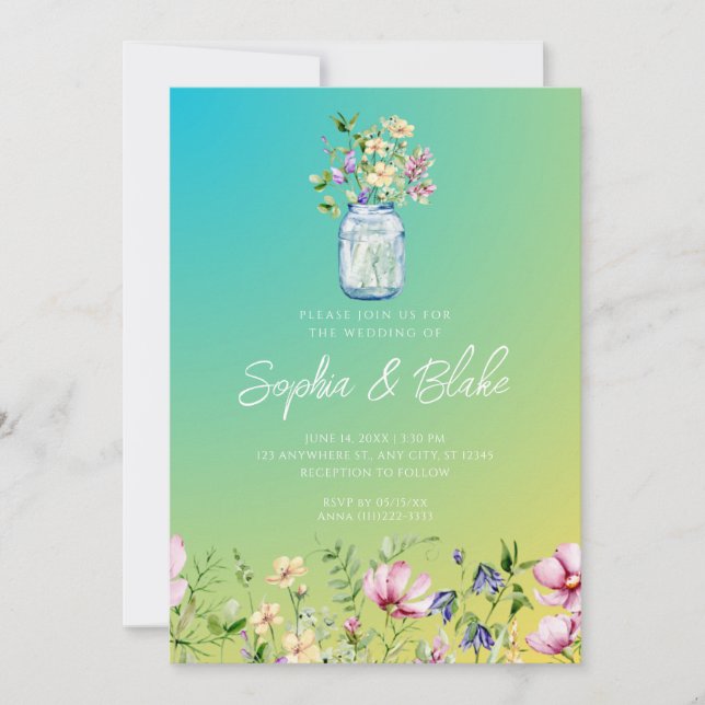 Mason Burk Wildblommor Rustic Ombre Grönt Bröllop Inbjudningar (Framsida)