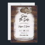 Mason Jar Barn Wood Burlap Hearts Monogram Wedding Spara Datumet<br><div class="desc">Rustic country wedding save the date card featuring a mason jar and burlap hearts with initials against a barn wood background. Easily personalize this mason jar save the date online. Matching items available to complement this cute wedding save the date card.</div>