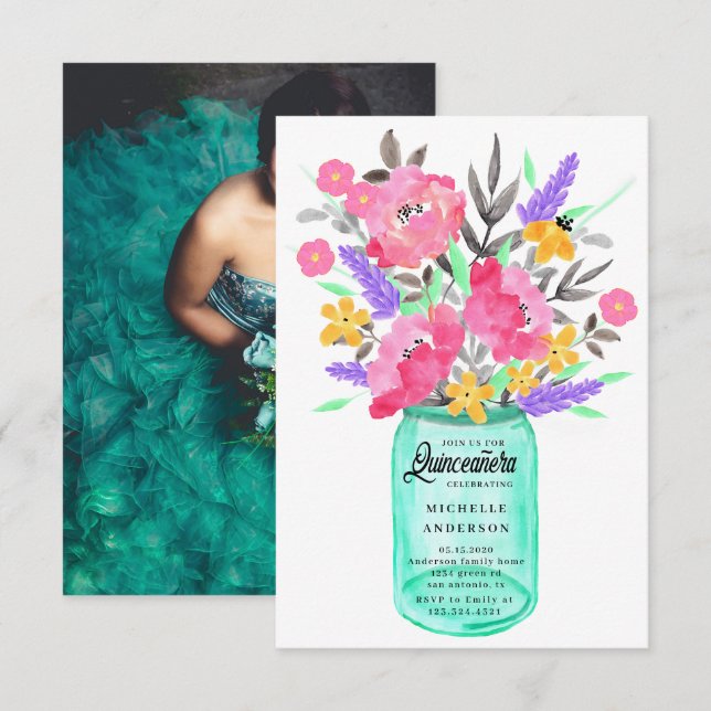 Mason Jar Blomsterbukett Quinceanera Fotokort Inbjudningar (Fram/baksida)