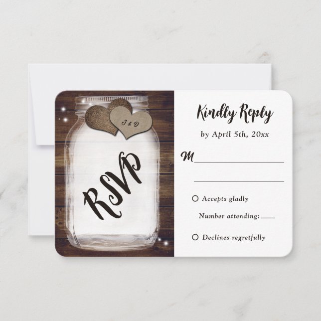 Mason Jar Rustic Country Wood Burlap Heart Wedding OSA Kort (Framsida)