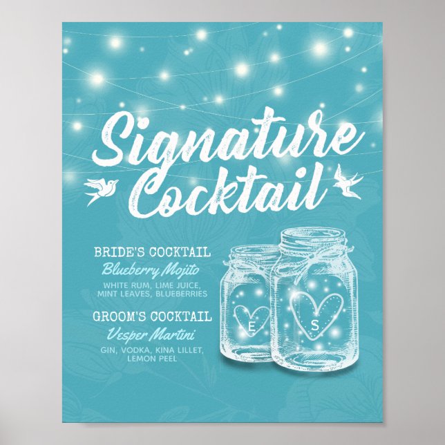 Masonburk Blommig Bröllopsmeny för Signaturdryck Poster (Framsidan)