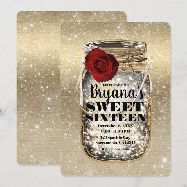 Masonburk Glitterljus & Röd Ros Sweet 16 Inbjudningar (Fram/baksida)