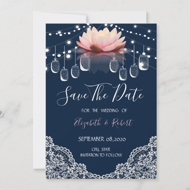 Masonburk, spets, lotus marinblå Save The Date Spara Datumet (Framsida)