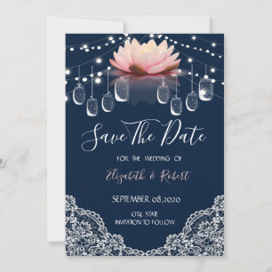 Masonburk, spets, lotus marinblå Save The Date Spara Datumet