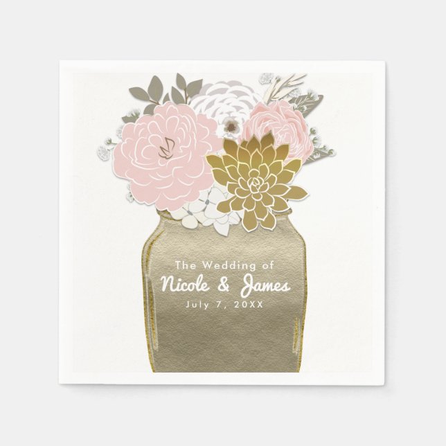 Masonburkar blommor rustika blommor rosa & guld ch pappersservett (Framsidan)