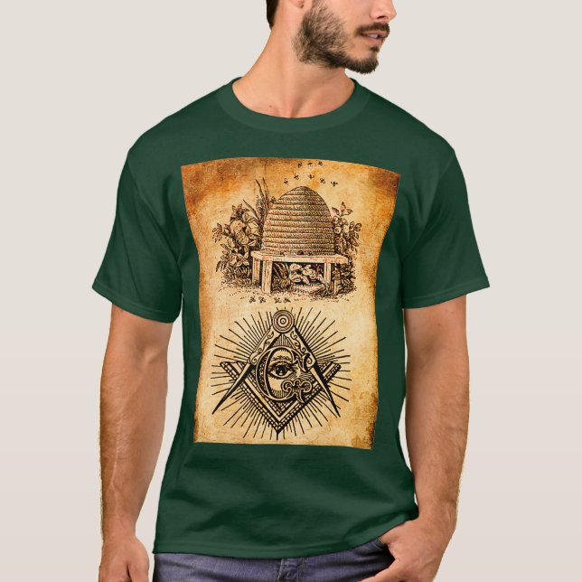 Masonic beehive symbol Freemason lodge square T Shirt (Framsida)