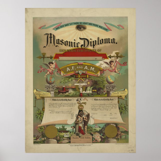 Masonic Diploma Freemason Freemasonry 1891 Poster (Framsidan)