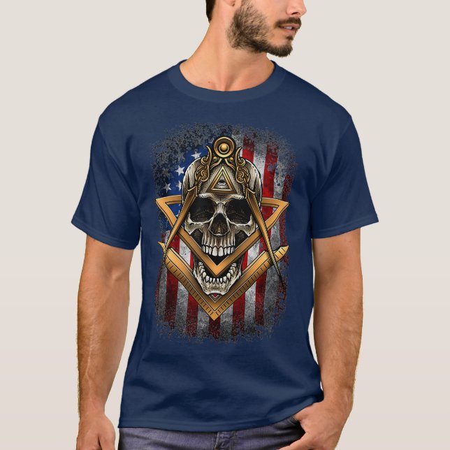 Masonic USA American Flagga Skull Square Compass T Shirt (Framsida)
