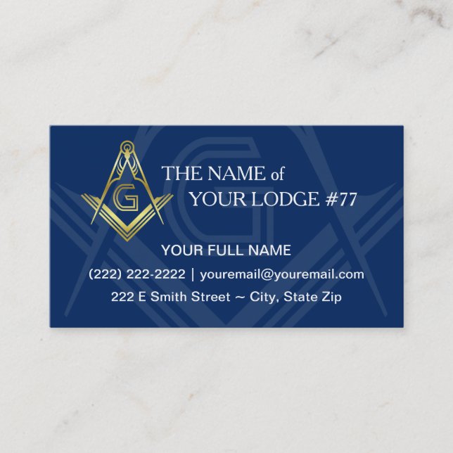 Masoniska Affärskort | Flodblå Guld Freemason Visitkort (Framsida)