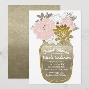Masonkrukebuketter Rustik Blomma Rosa & Guld Chic Inbjudningar