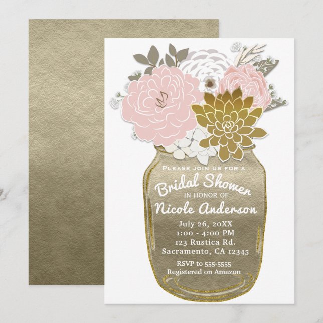 Masonkrukebuketter Rustik Blomma Rosa & Guld Chic Inbjudningar (Fram/baksida)