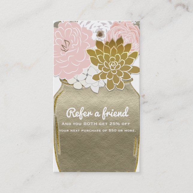 Masonkrukor Blommor Rustik Guld Rosa Referera en V Rabattkort (Framsida)