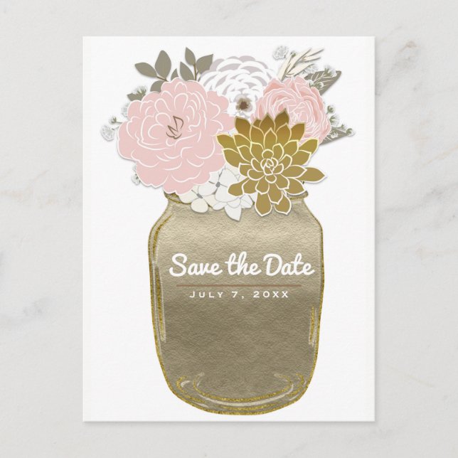 Masonkrukor Blommor Rustika Rosa Guld Spara Datum Meddelande Vykort (Framsida)