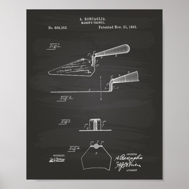 Mason's Trowel 1893 Patent Art Chalkboard Poster (Framsidan)