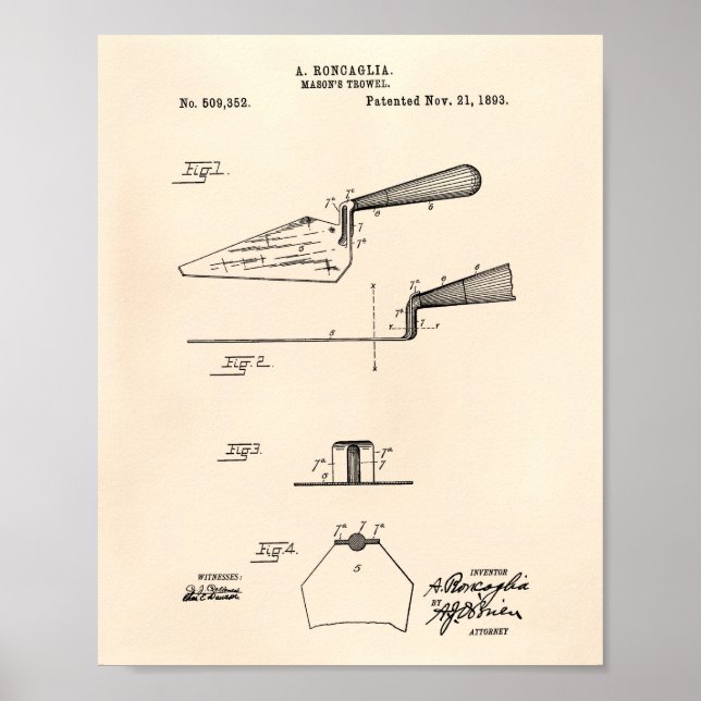 Mason's Trowel 1893 Patent Art Old Peper Poster (Framsidan)