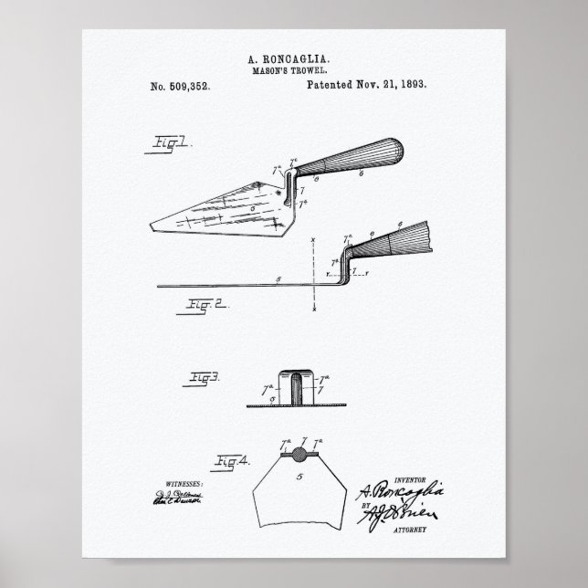 Mason's Trowel 1893 Patent Art White Papper Poster (Framsidan)