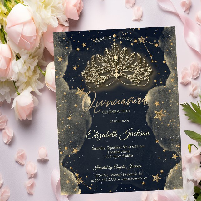 Masque Celestiala Stjärnor Moln Guld Quinceanera  Inbjudningar (Skapare uppladdad)