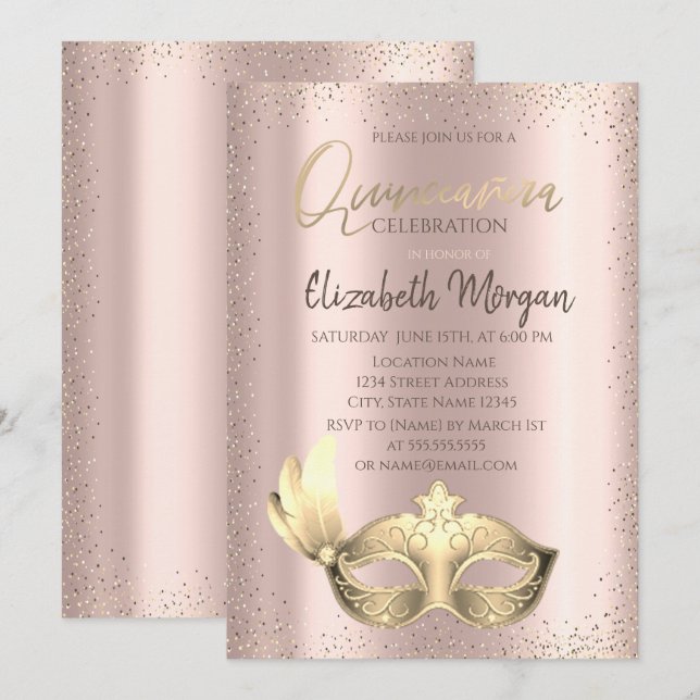 Masque,Confetti Ro Guld Quinceañera-inbjudan Inbjudningar (Fram/baksida)