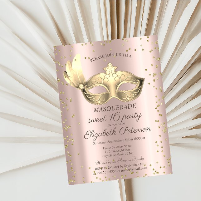Masque Diamanter Rosa Guld Masquerad Sweet 16 Inbjudan Vykort (Skapare uppladdad)