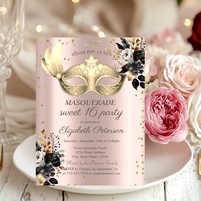 Masque-diamanter Svarta rosor Roséguld Sweet 16 Inbjudningar (Skapare uppladdad)