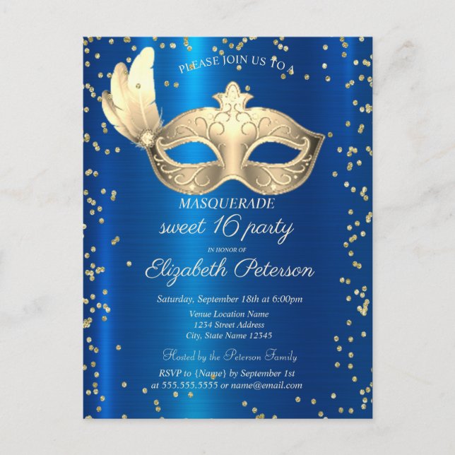 Masque Diamonds Blue Metallic Masquerade Inbjudan Vykort (Framsida)