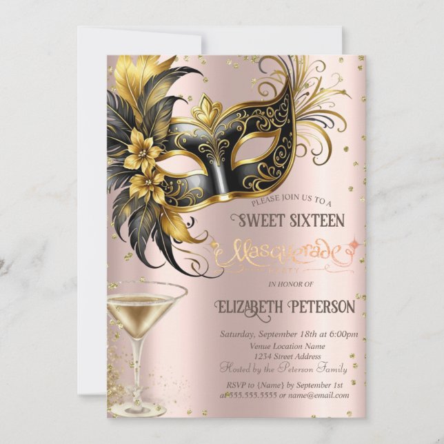 Masque Diamonds Champagne Rose Guld Sweet 16   Inbjudningar (Framsida)