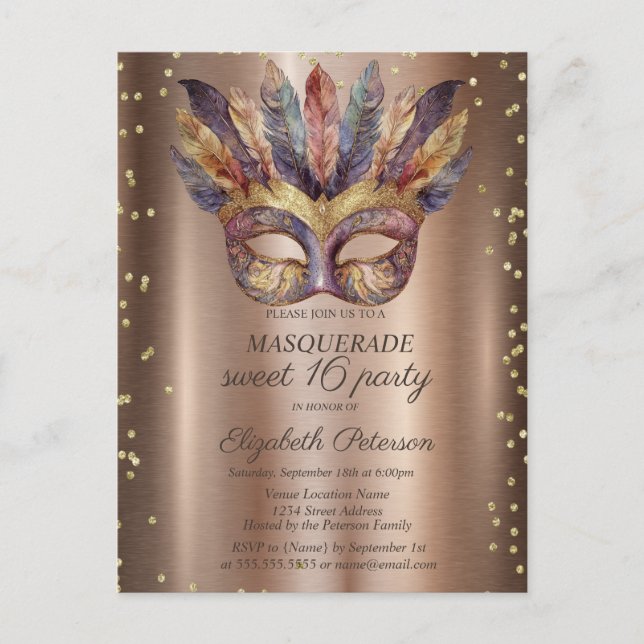 Masque Feathers Guld Diamonds Copper Sweet 16 Inbjudan Vykort (Framsida)