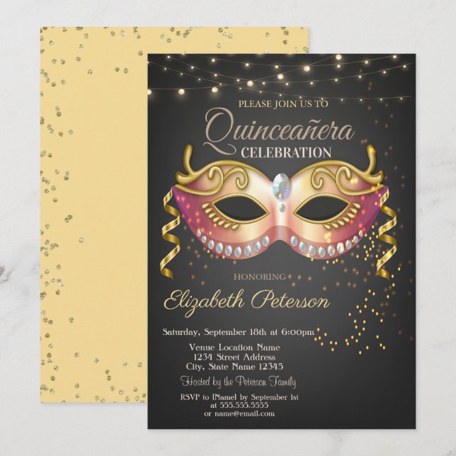 Masque,Ljus,Diamonds Masquerad Quinceañera Inbjudningar (Fram/baksida)