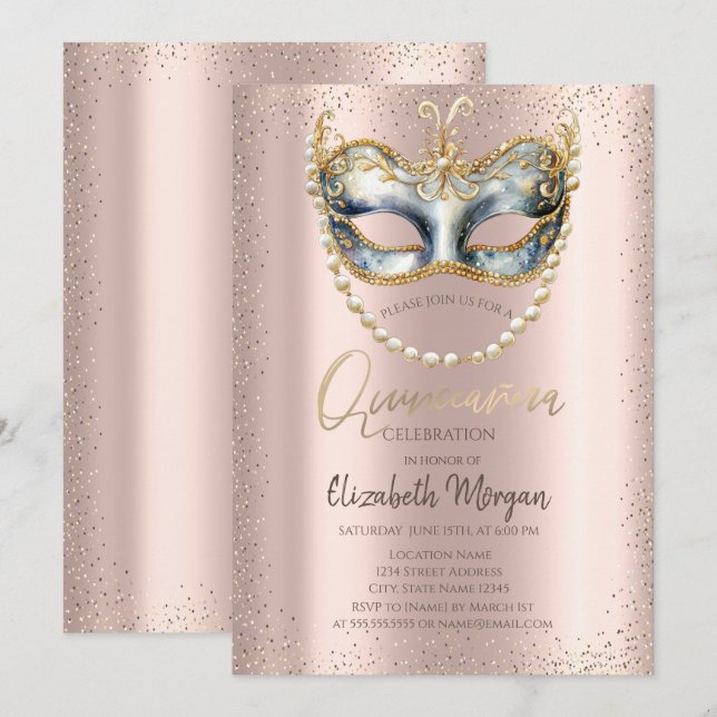 Masque,Pearls Confetti Ro Guld Quinceañera Inbjudningar (Fram/baksida)