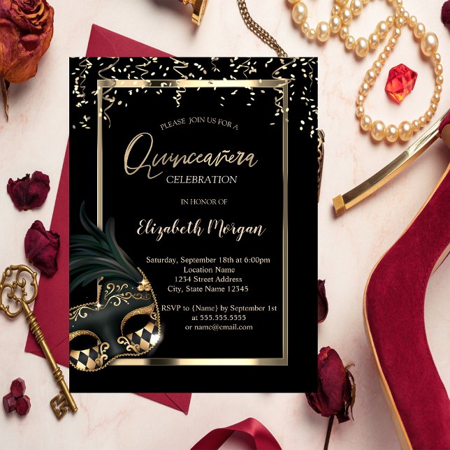 Masque,Ram,Confetti Masquerad Quinceañera Inbjudningar (Skapare uppladdad)