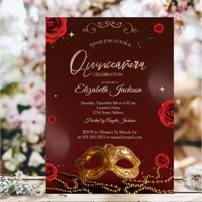 Masque Ro Pearls Burgundy Quinceanera Inbjudningar (Skapare uppladdad)