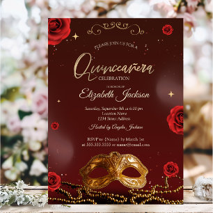Masque Rosar Pärlor Burgunder Quinceanera Inbjudningar