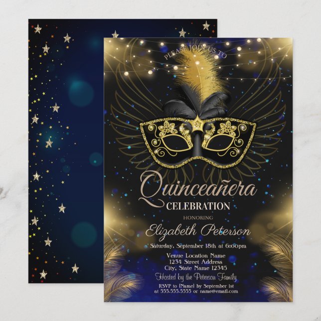 Masque,String Ljus,Stars Blue Quinceañera Inbjudningar (Fram/baksida)
