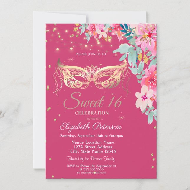 Masquer,Diamonds Spring Flowers Sweet 16 Inbjudningar (Framsida)