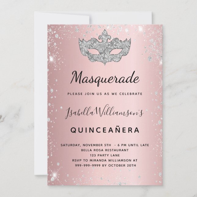 Masquera rosa silver Quinceanera Inbjudningar (Framsida)