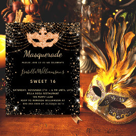 Masqueraad Black guld Sweet 16 budgetinbjudan Flygblad