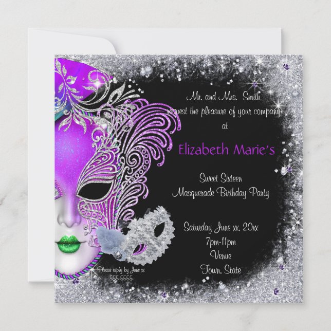 Masqueraad, Sweet sixteen, Glitter-inbjudan Inbjudningar (Framsida)