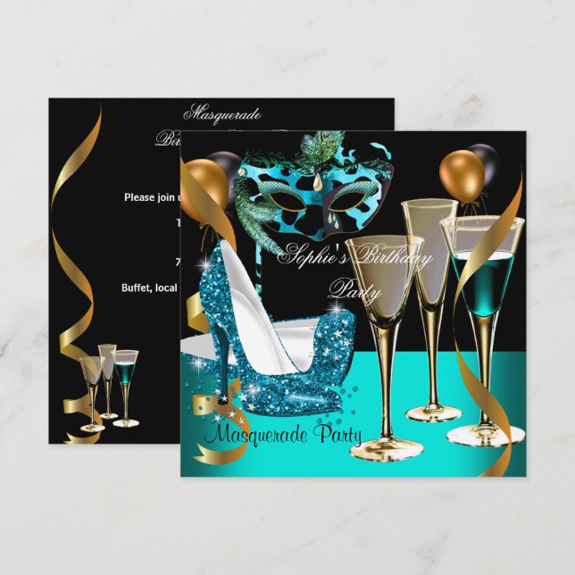 MasqueraBirthday Teal Guld Vin Stiletto 2 Inbjudningar (Fram/baksida)