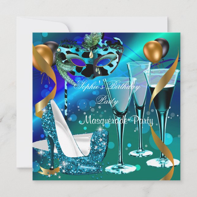 MasqueraBirthday Teal Guld Vin Stiletto 3 Inbjudningar (Framsida)
