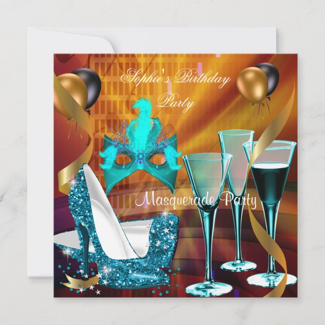 MasqueraBirthday Teal Guld Vin Stiletto 4 Inbjudningar (Framsida)