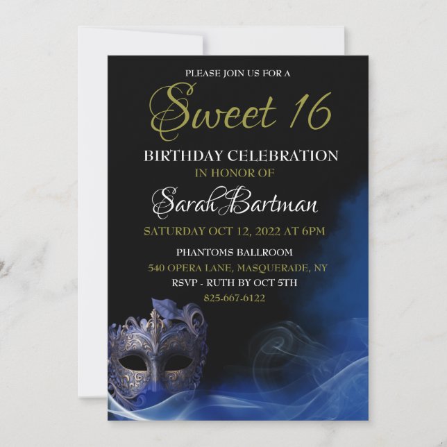 Masquerablå Sweet 16-inbjudan Inbjudningar (Framsida)