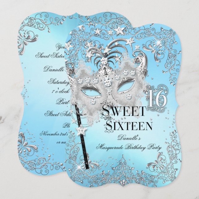 MasqueraBlue Silver Sweet 16 Birthday Inbjudningar (Fram/baksida)