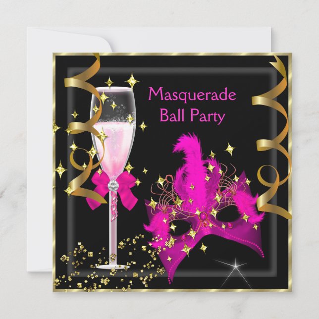 MasqueraBoll Hett-Rosa Black Guld Mask Party Inbjudningar (Framsida)