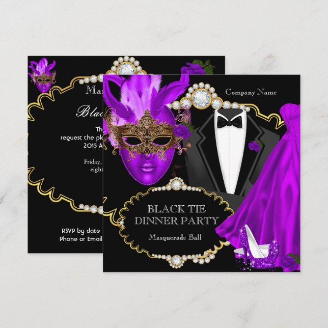 MasqueraBoll Lila Black Tie Middag Party Inbjudningar (Fram/baksida)